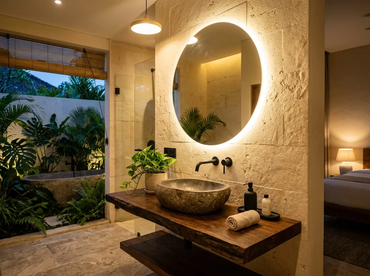 Ensuite bathroom with backlit circular mirror and stone sink