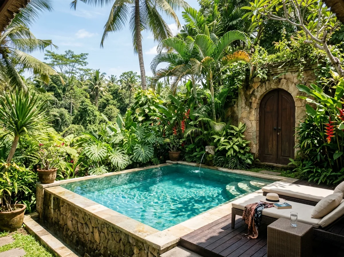 Private plunge pool with tropical plants and arched door