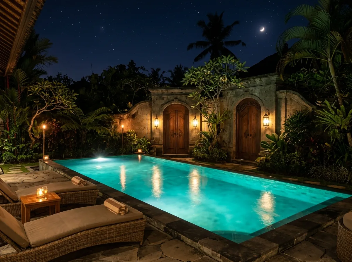 Illuminated turquoise pool with arched gate at night